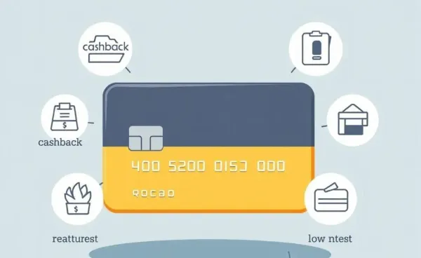 Cartoon credit card surrounded by icons representing different features
