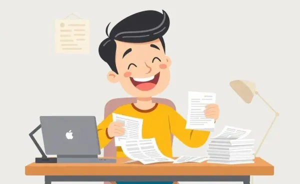A happy individual tearing up credit card statements at a desk.