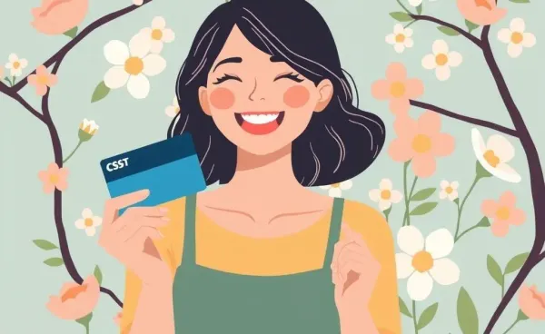 Joyful woman holding credit card with blossoming flowers