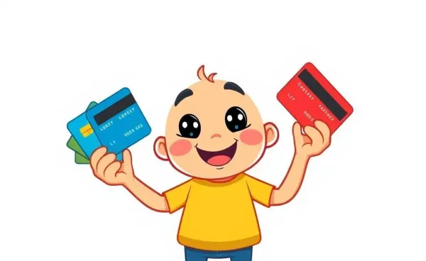 Cartoon character juggling multiple credit cards happily