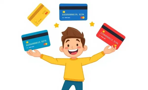 A person juggling credit cards with rewards symbols
