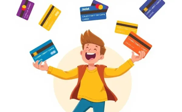 Person juggling various credit cards in a colorful cartoon style