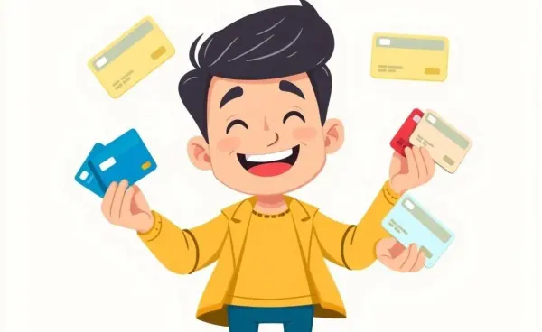 Person juggling multiple credit cards with a smile
