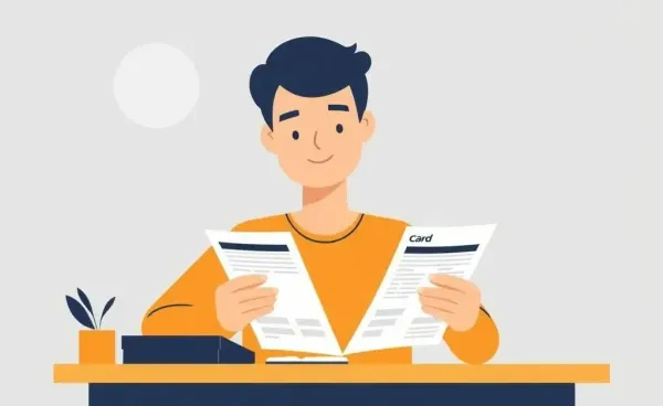 Person calmly reviewing credit card statements at a desk