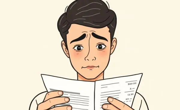 Illustration of a person reviewing their credit card statement thoughtfully