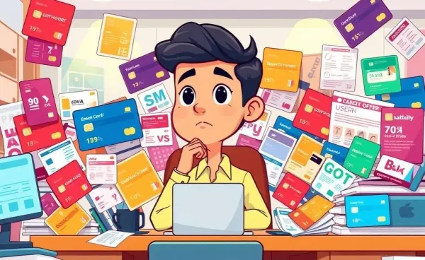 Cartoon image of a person surrounded by credit card offers on a desk