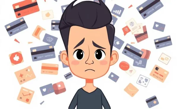 A cartoon person examining multiple credit card options
