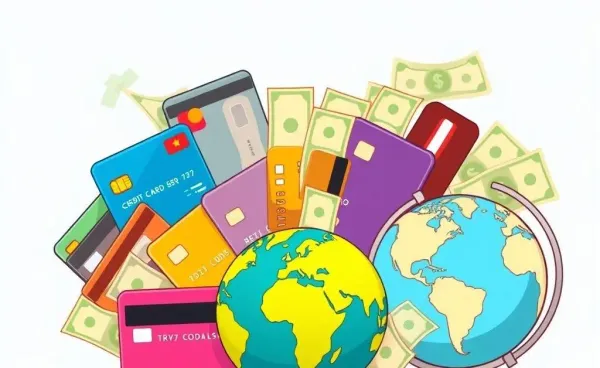 A collection of credit cards with globe and dollar images symbolizing rewards