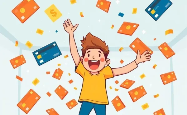 A person joyfully surrounded by flying credit cards and reward points