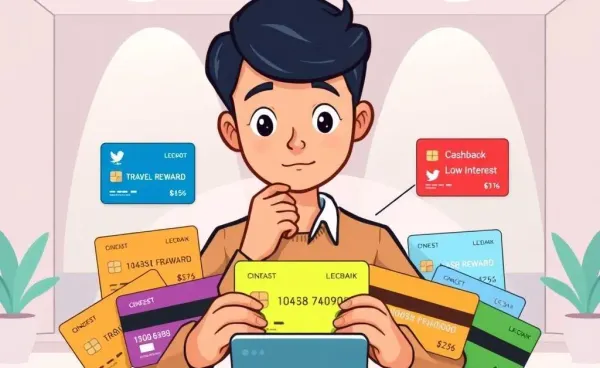 A person pondering over various credit card options with benefit icons.