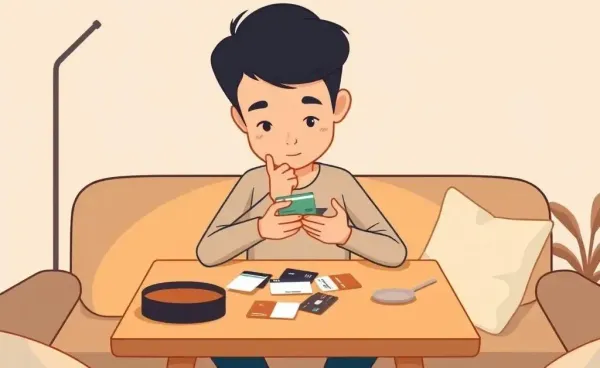 A person examining credit cards on a table