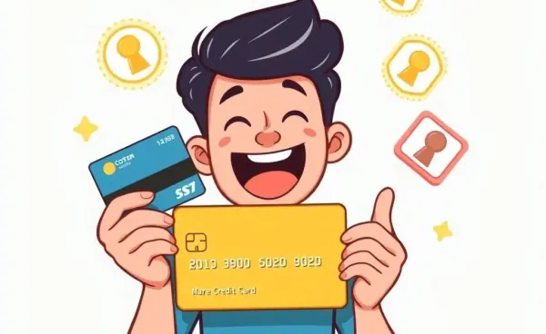 A person holding a credit card surrounded by rewards icons