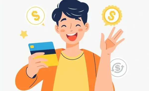 Person excitedly using a credit card with reward symbols