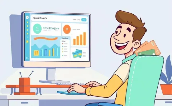 Cartoon image of a person managing credit card rewards on a computer