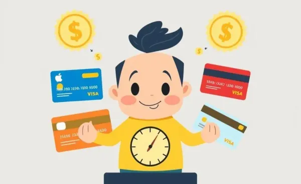 Cartoon character with credit cards and rewards symbols