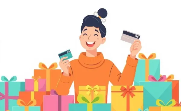 Person happily receiving credit card rewards surrounded by gift boxes