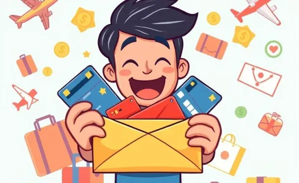 Joyful person receiving credit cards with icons of travel, shopping, and cash