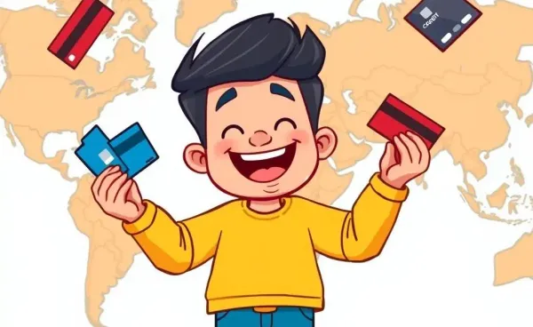 A cartoon image of a person juggling credit cards with a world map.