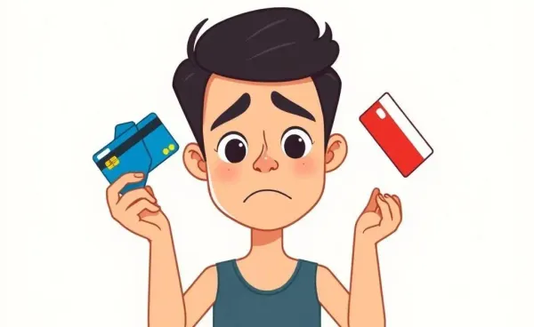 Cartoon image of a person juggling credit cards.