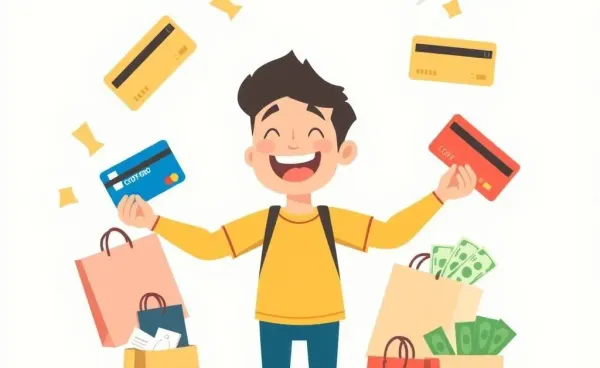 Person juggling credit cards with travel tickets and shopping bags