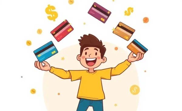 Cartoon illustration of person juggling credit cards with rewards symbols