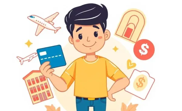 Person surrounded by rewarding icons holding a credit card