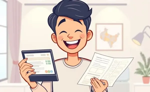 Illustration of a person browsing credit card rewards benefits joyfully.