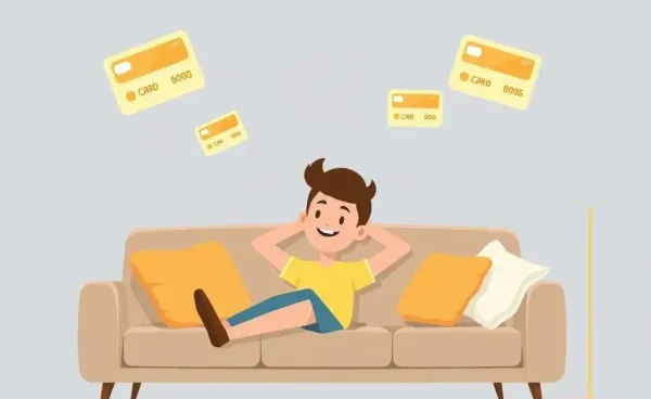 A person relaxing with credit card rewards icons floating around.