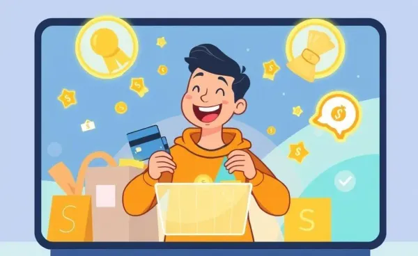 Person shopping online with a credit card surrounded by reward icons