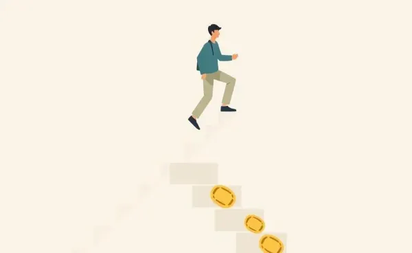 Illustration of a person navigating credit card reward tiers