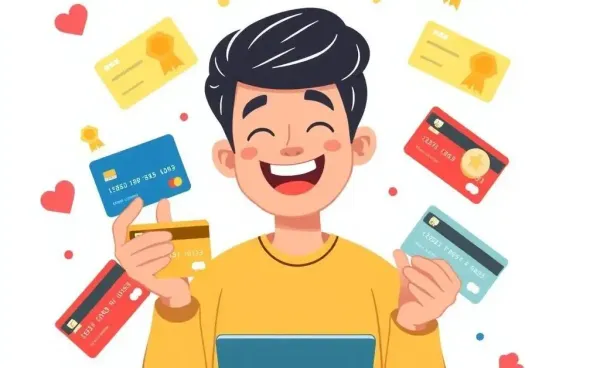 Illustration of person interacting with credit cards and rewards icons