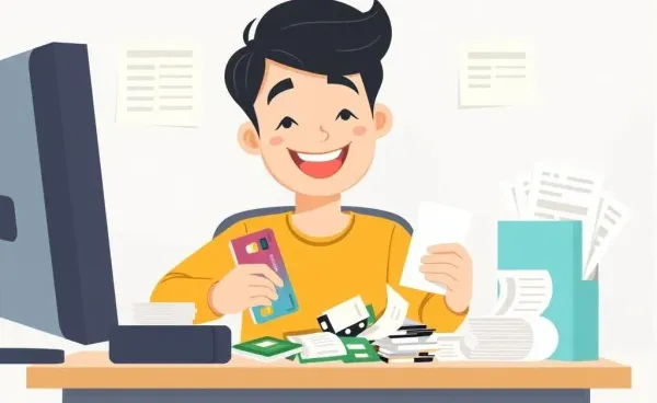 Person organizing various credit cards and receipts in a cheerful scene
