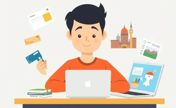 Person planning credit card rewards using a laptop with travel images.