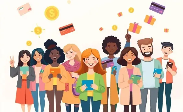 Cartoon illustration of people enjoying credit card rewards