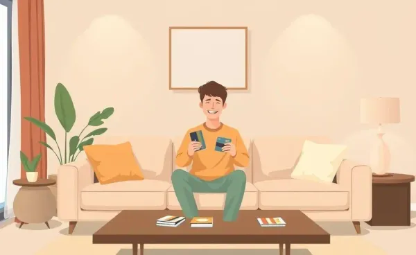 Person organizing credit cards at a table in a cozy living room
