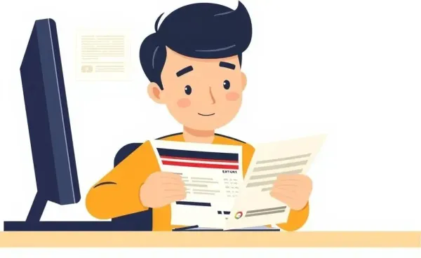 Illustration of a person reviewing a colorful credit card statement.