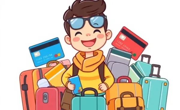 Person traveling with credit cards and luggage in cartoon style