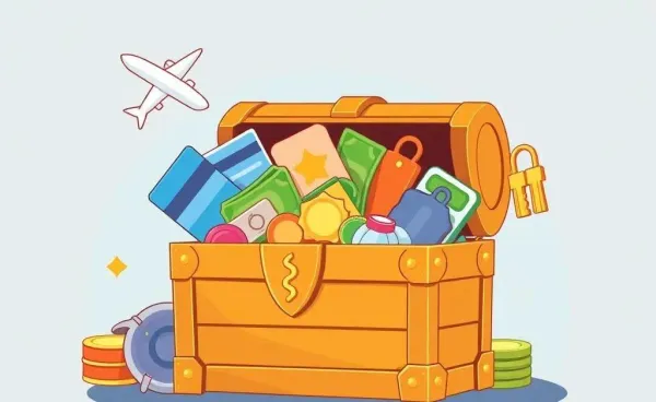 Illustration of a treasure chest overflowing with credit card benefits
