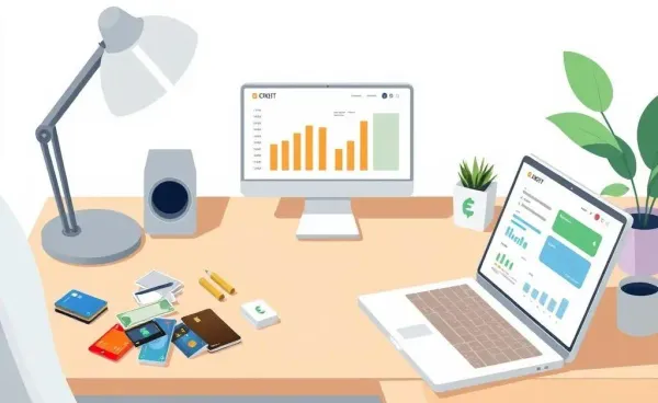 A cozy home office desk with credit cards, bills, and a laptop open to a budgeting app.
