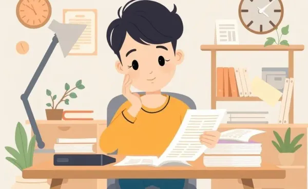 A person organizing financial documents at a desk with cozy decor