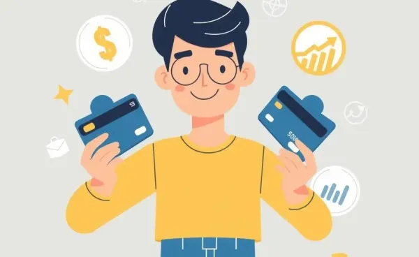 Illustration of a person confidently managing multiple credit cards