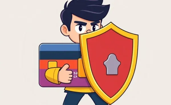 A cartoon character guarding a credit card with a lock and shield.