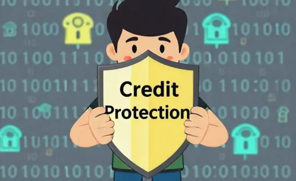 Person holding a shield labeled 'Credit Protection' against digital data symbols