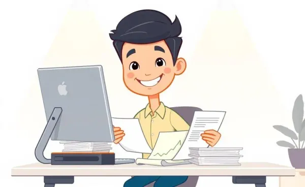 A person managing their credit report at a desk with a computer and paperwork.