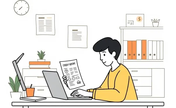 Person reviewing credit report on a laptop at an organized desk.