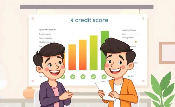 Individuals signing an apartment lease with a credit score chart in the background