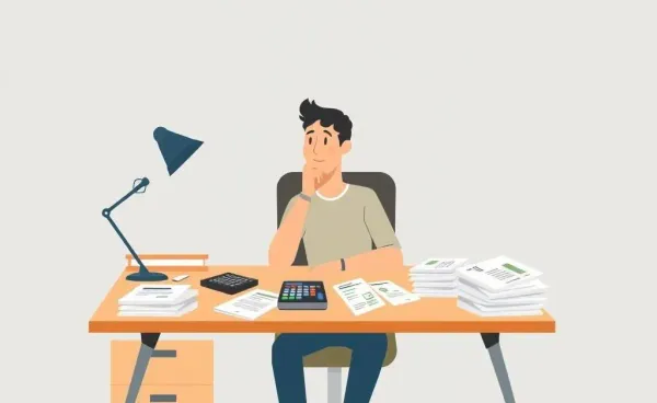 An illustration of a person with a calculator and financial documents, pondering their credit score at a desk