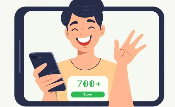 Person celebrating a 700+ credit score on their phone