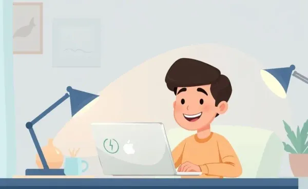 Illustration of a person happily checking their credit score on a laptop