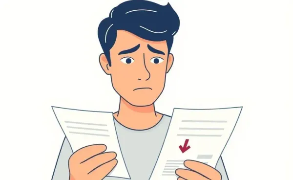 Person looking confused at a credit report with a downward arrow